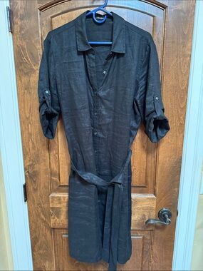 J. McLaughlin XL Black Button-Front Linen  Shirt Dress with Tie Waist